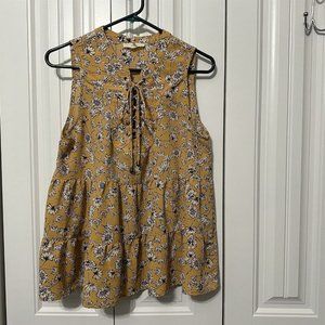 Entro Top Yellow Ruffle Tiers Lace Tie Neck Floral Sleeveless Flowy Womens M